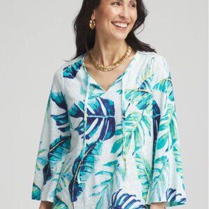 Chico's 100% Linen Tropical Beach Tie-Front Forward Seam Top Resortwear XXL NWT